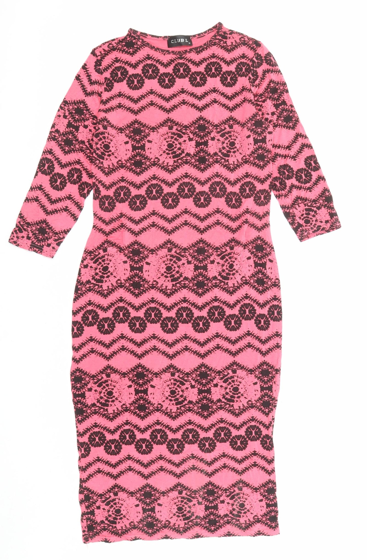 Club L Womens Pink Geometric Viscose Bodycon Size 14 Round Neck Pullover