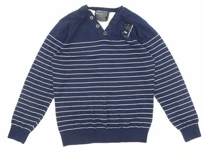 Next Mens Blue V-Neck Striped Cotton Pullover Jumper Size M Long Sleeve
