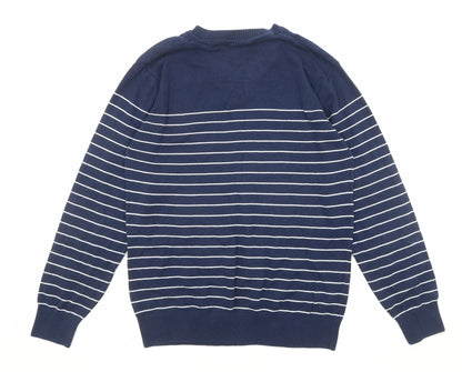 Next Mens Blue V-Neck Striped Cotton Pullover Jumper Size M Long Sleeve