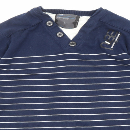 Next Mens Blue V-Neck Striped Cotton Pullover Jumper Size M Long Sleeve