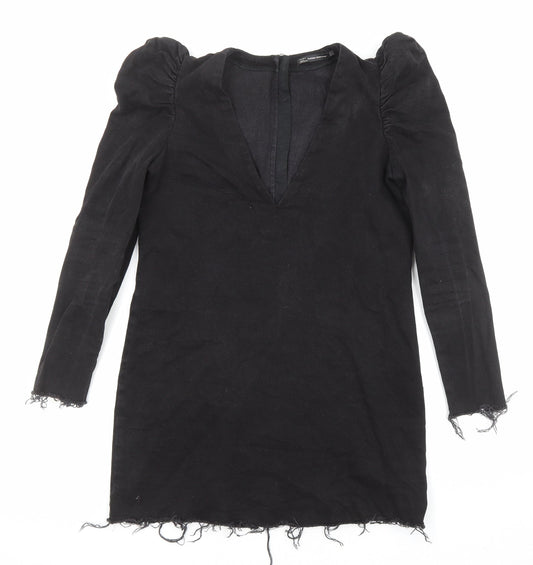Zara Womens Black Cotton A-Line Size M V-Neck Zip