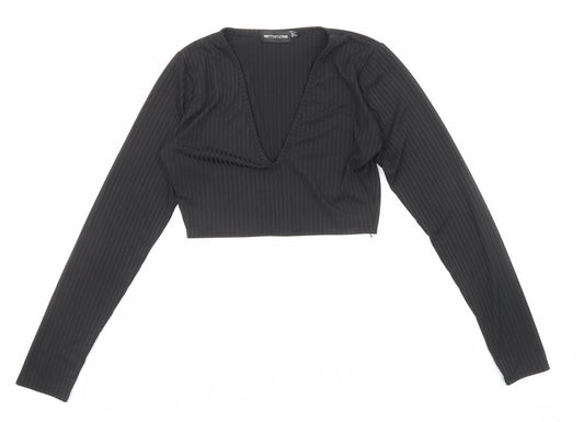 PRETTYLITTLETHING Womens Black Polyester Cropped Blouse Size 4 V-Neck