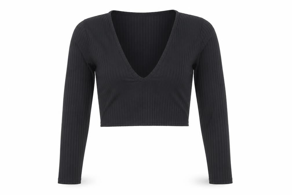 PRETTYLITTLETHING Womens Black Polyester Cropped Blouse Size 4 V-Neck