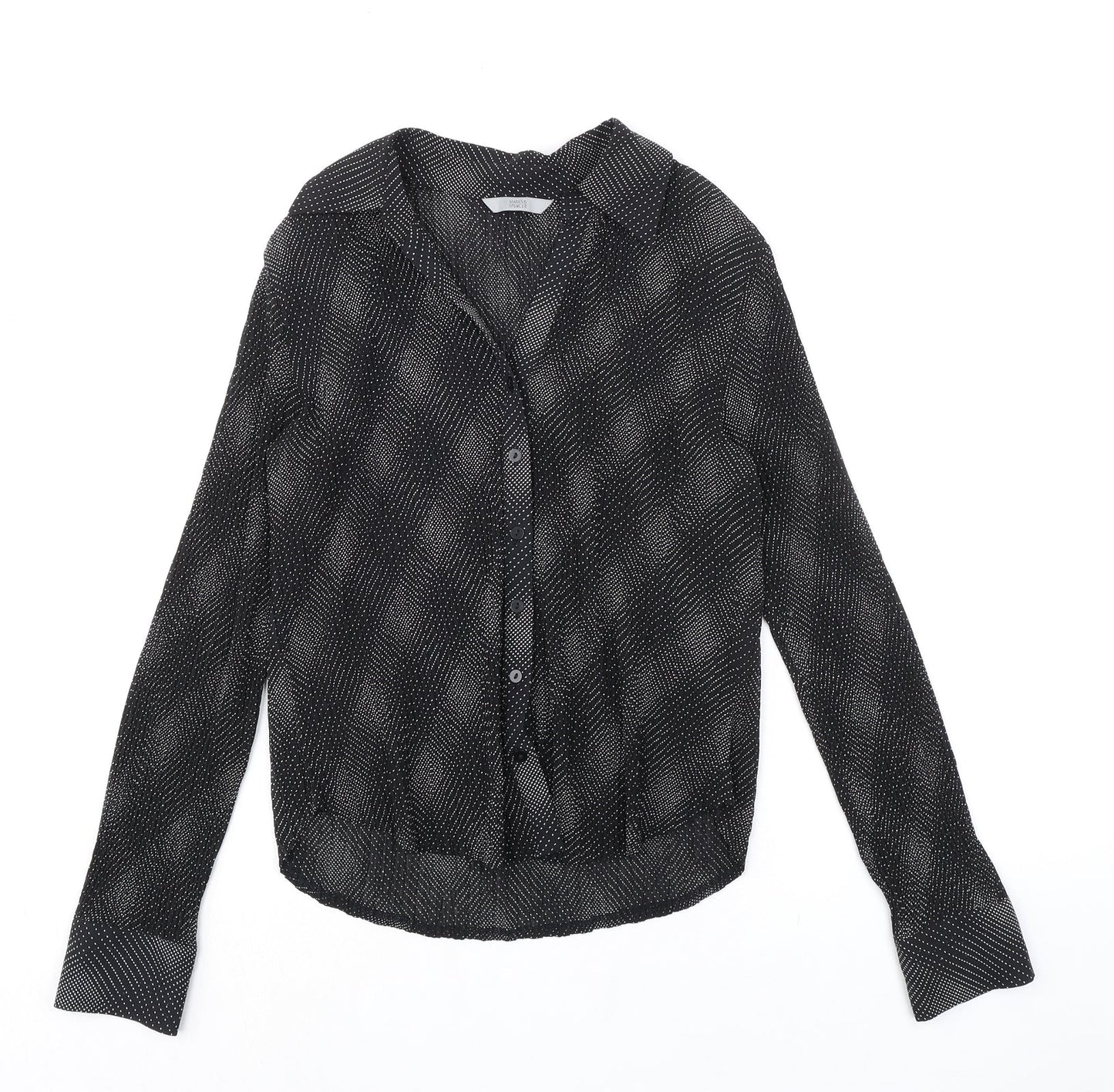 Marks and Spencer Womens Black Geometric Polyester Basic Button-Up Size 12 Collared