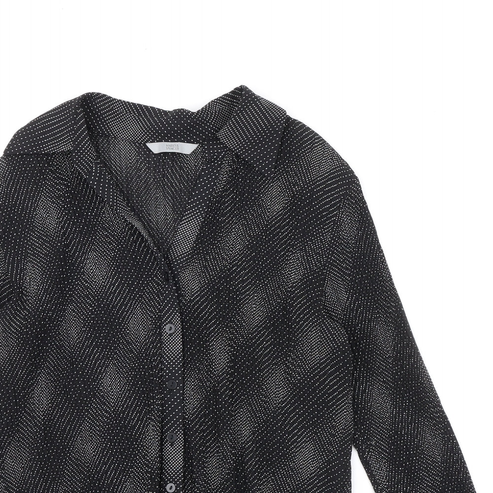 Marks and Spencer Womens Black Geometric Polyester Basic Button-Up Size 12 Collared
