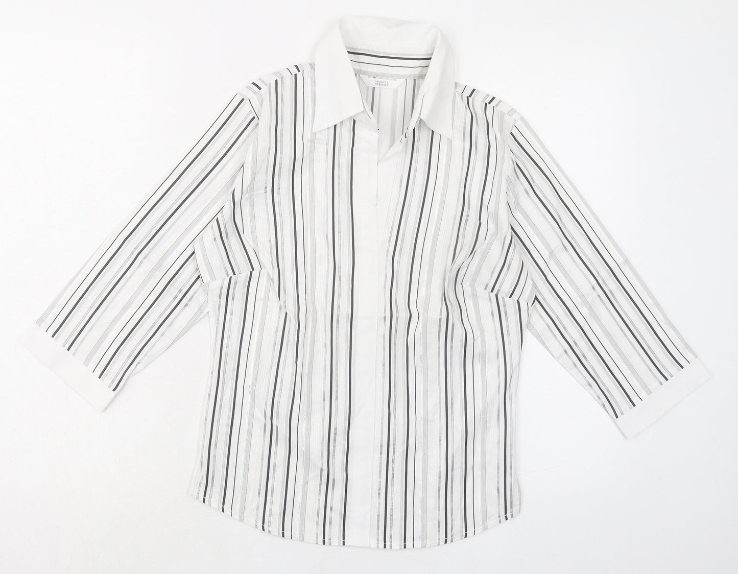 Marks and Spencer Womens White Striped Chlorofibre Basic Blouse Size 6 V-Neck