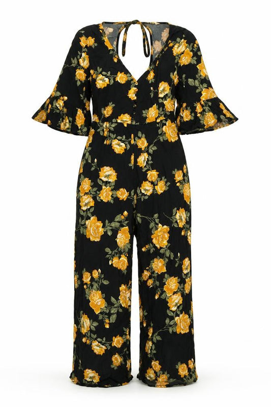 Front view of Miss Selfridge women’s multicoloured floral viscose jumpsuit one-piece, size UK 6, 25-inch leg zip