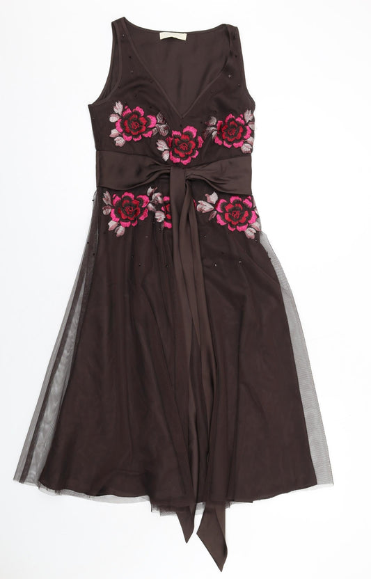 Teatro Womens Brown Polyester Fit & Flare Size 8 V-Neck Zip