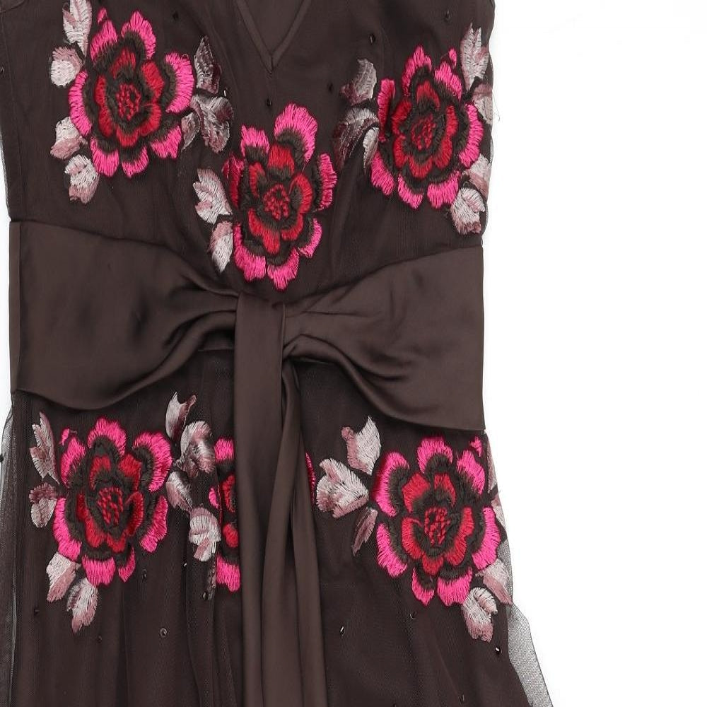 Teatro Womens Brown Polyester Fit & Flare Size 8 V-Neck Zip