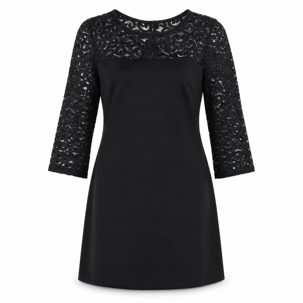 Sandra Darren Womens Black Polyester A-Line Size 6 Round Neck Zip - Lace Sleeves