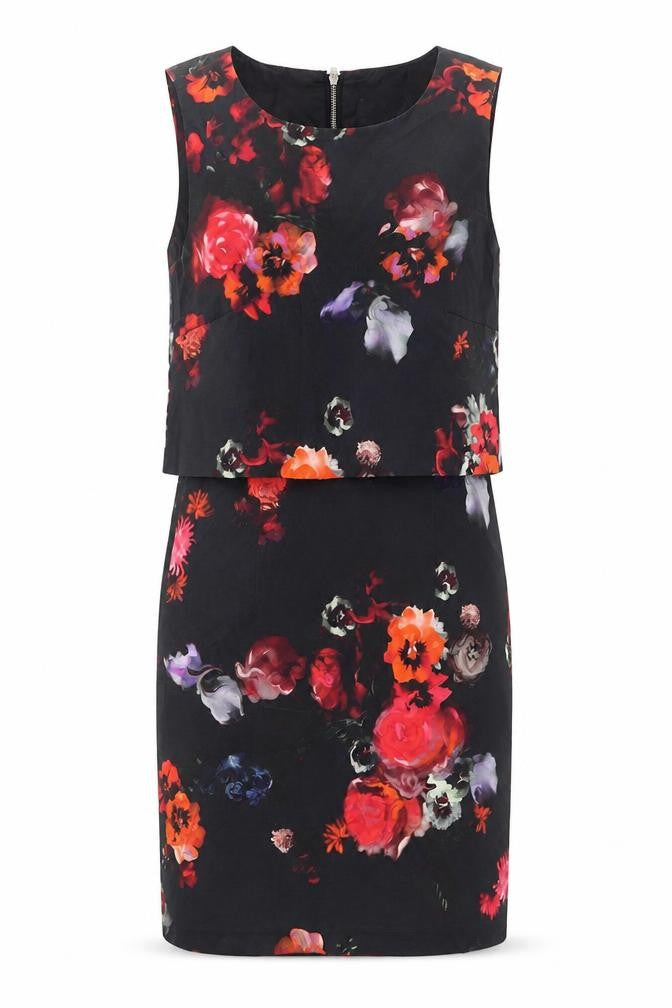 Warehouse Womens Multicoloured Floral Cotton Shift Size 8 Round Neck Zip