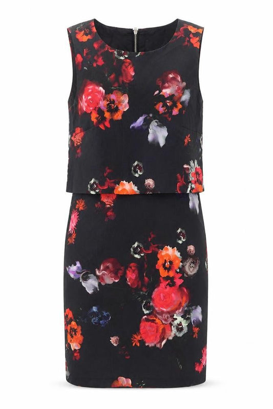 Warehouse Womens Multicoloured Floral Cotton Shift Size 8 Round Neck Zip