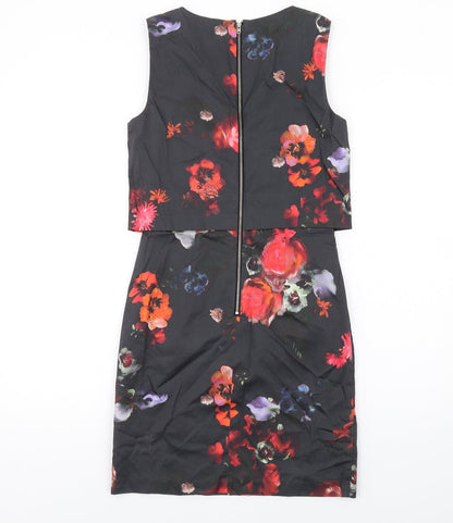 Warehouse Womens Multicoloured Floral Cotton Shift Size 8 Round Neck Zip