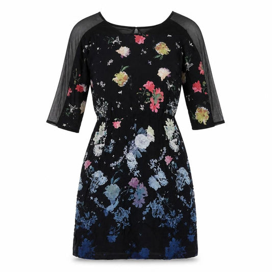 Front view of French Connection women’s multicoloured floral viscose a-line, size UK 6, boat neck zip - mesg
