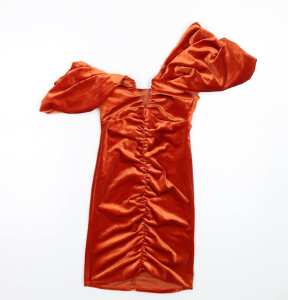 Additional front view of ASOS women’s orange polyester mini, size UK 4, one shoulder zip
