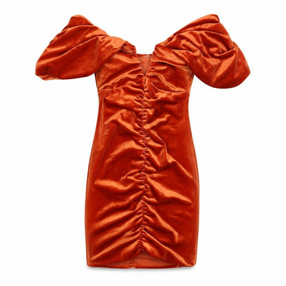 Front view of ASOS women’s orange polyester mini, size UK 4, one shoulder zip