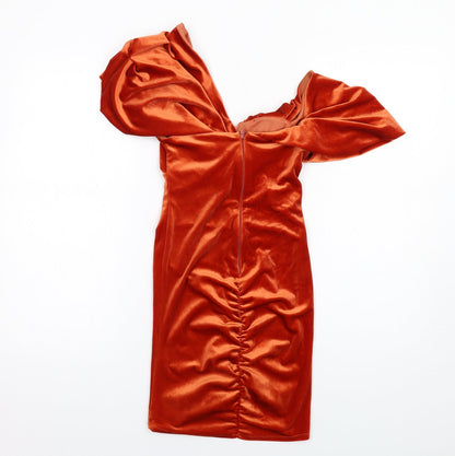 Back view of ASOS women’s orange polyester mini, size UK 4, one shoulder zip