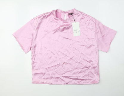 Zara Womens Pink Polyester Basic Blouse Size M Round Neck