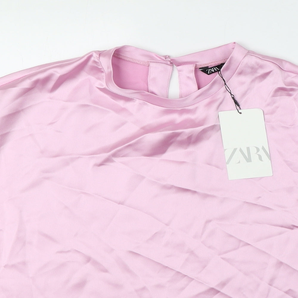Zara Womens Pink Polyester Basic Blouse Size M Round Neck