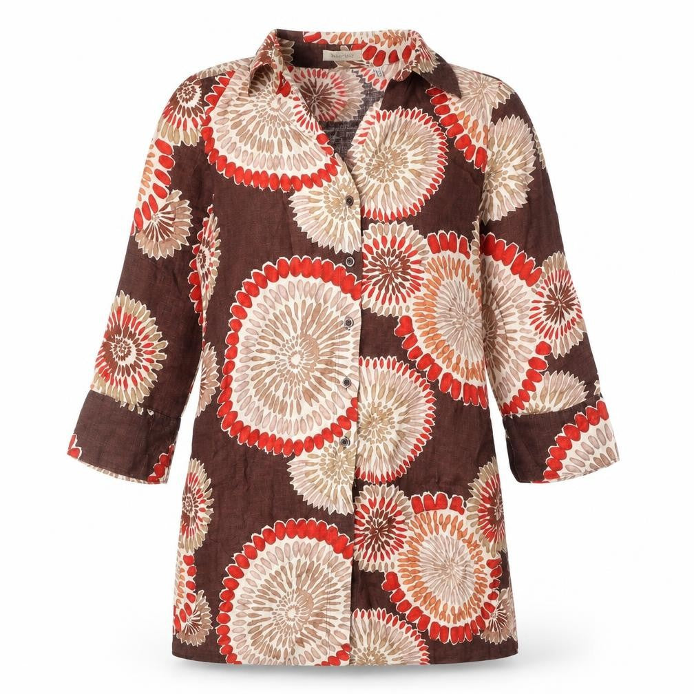 Marco Pecci Womens Brown Geometric Linen Basic Button-Up Size 10 Collared