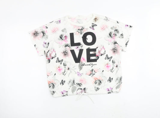 H&M Girls White Floral Cotton Basic Blouse Size 11-12 Years Crew Neck Pullover