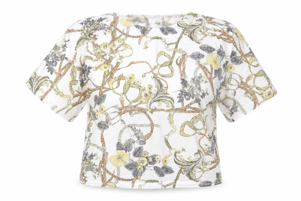 Blue Vanilla Womens White Floral Polyester Cropped Blouse Size S Round Neck