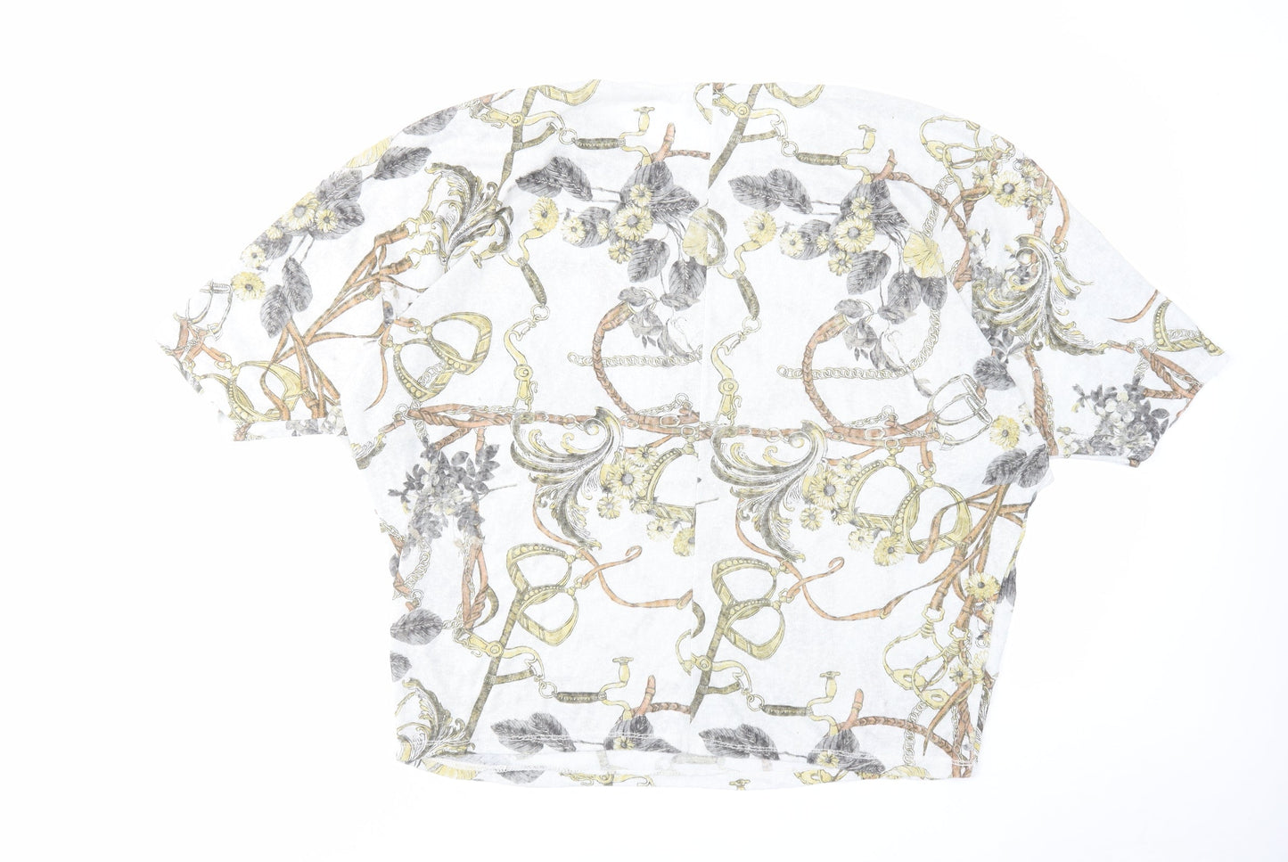 Blue Vanilla Womens White Floral Polyester Cropped Blouse Size S Round Neck