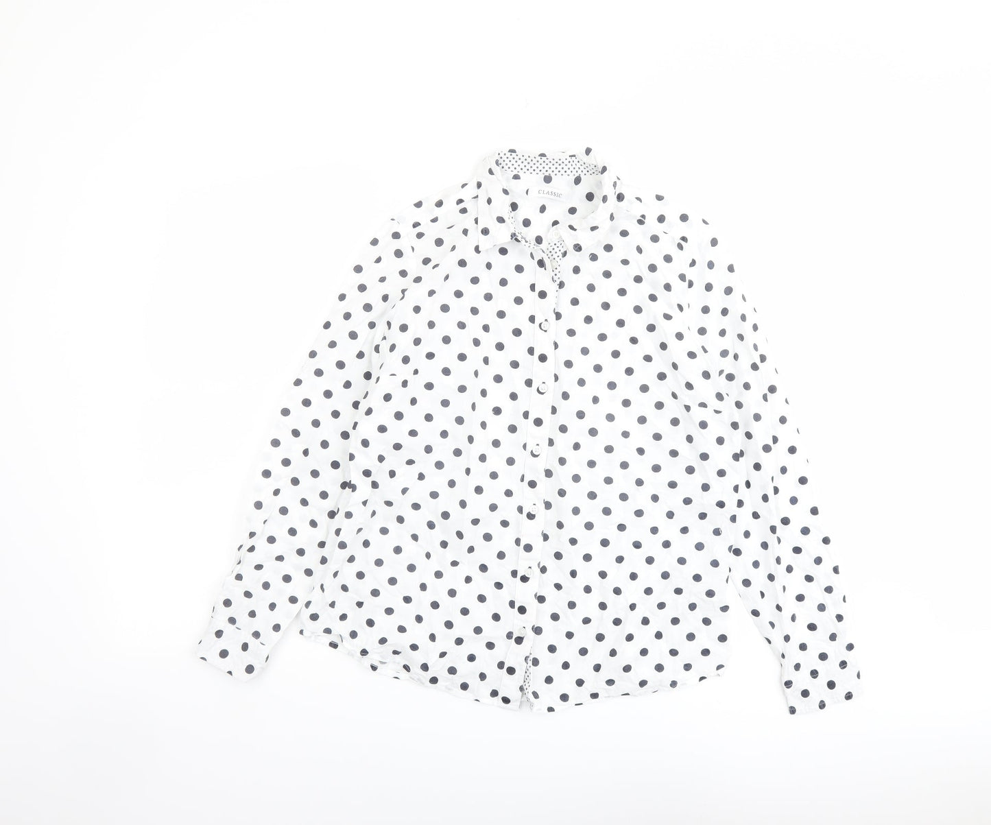 Classic Womens White Polka Dot Cotton Basic Button-Up Size 12 Collared