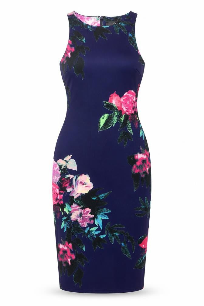AX Paris Womens Blue Floral Polyester Bodycon Size 10 Round Neck Zip