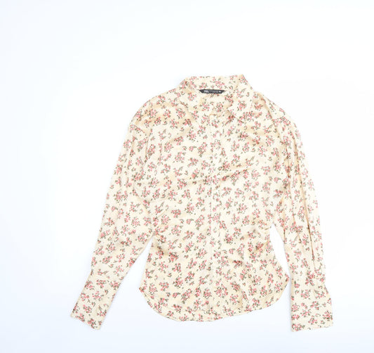 Zara Womens Pink Floral Polyester Basic Button-Up Size XS Collared
