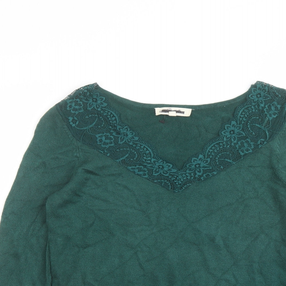 Grain de Malice Womens Green V-Neck Viscose Pullover Jumper Size S