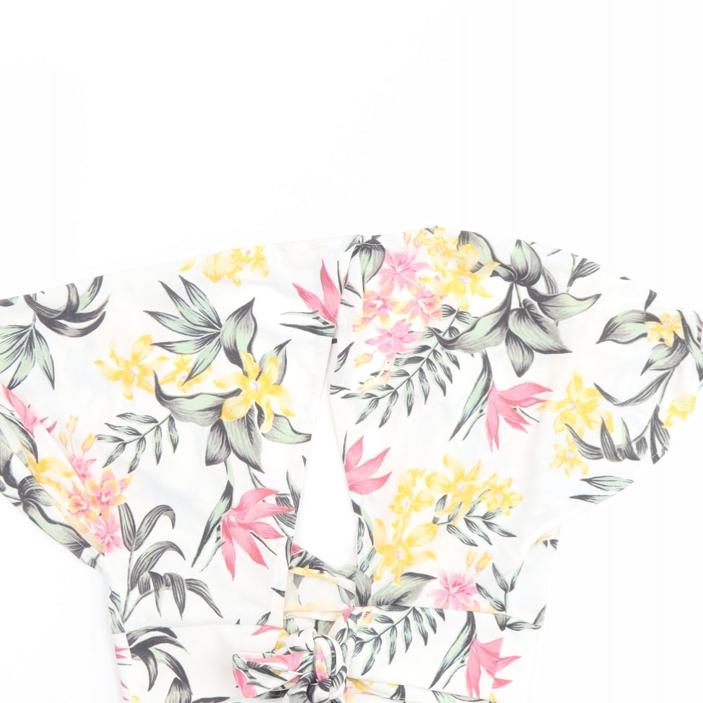 H&M Womens White Floral Polyester Cropped Blouse Size S V-Neck