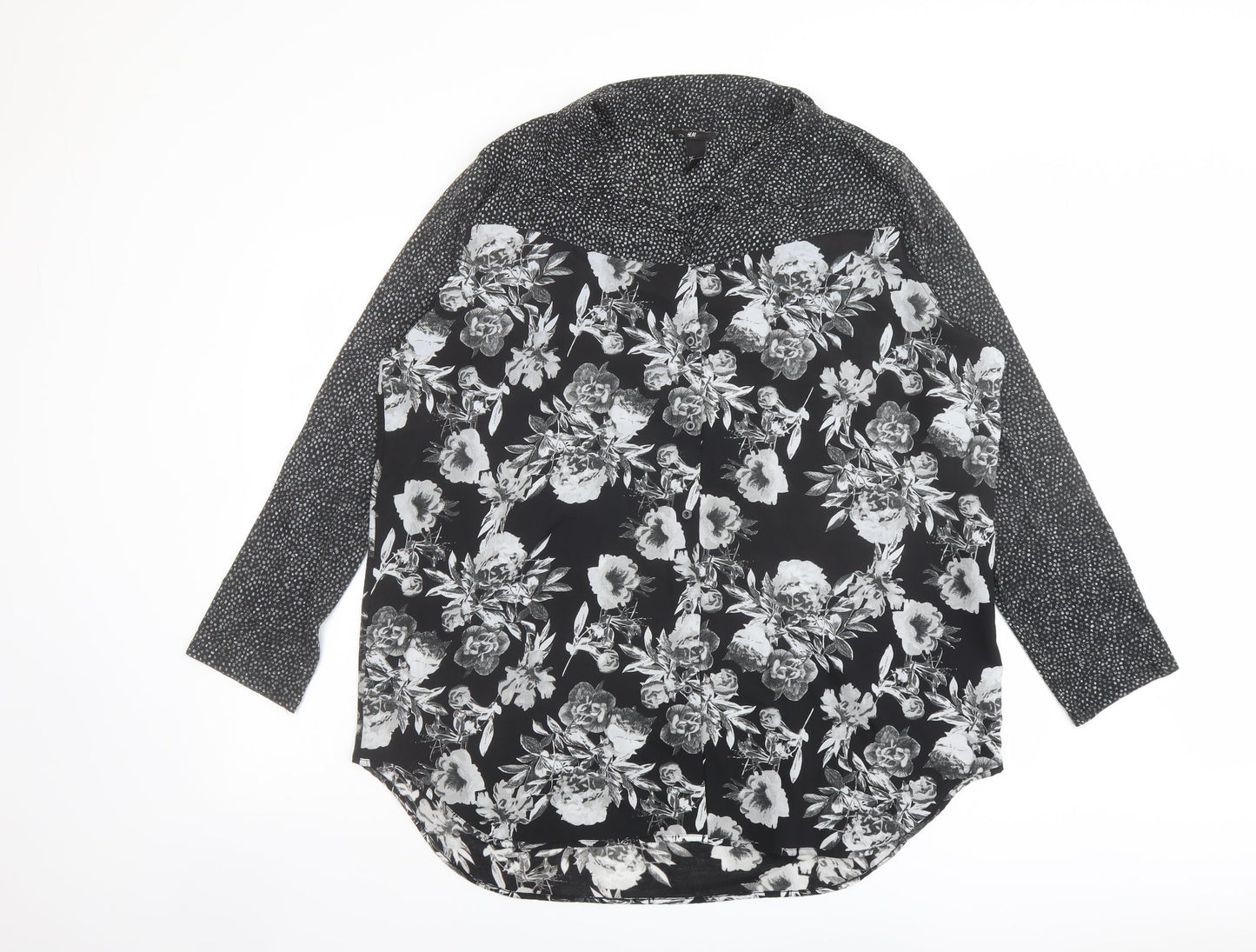 H&M Womens Black Floral Polyester Basic Blouse Size L Collared