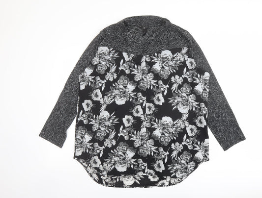 H&M Womens Black Floral Polyester Basic Blouse Size L Collared
