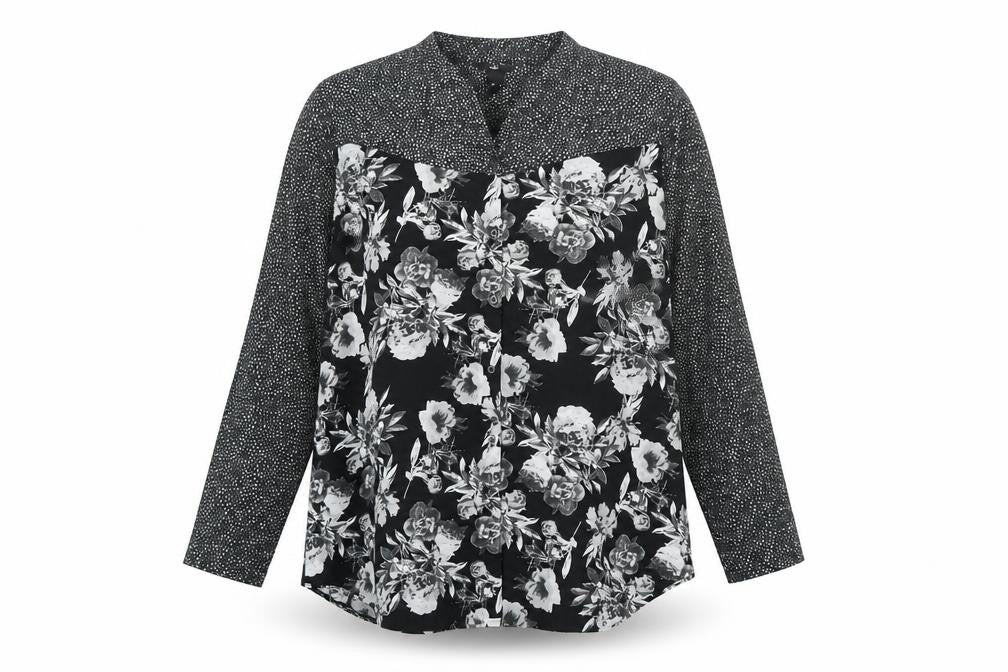 H&M Womens Black Floral Polyester Basic Blouse Size L Collared