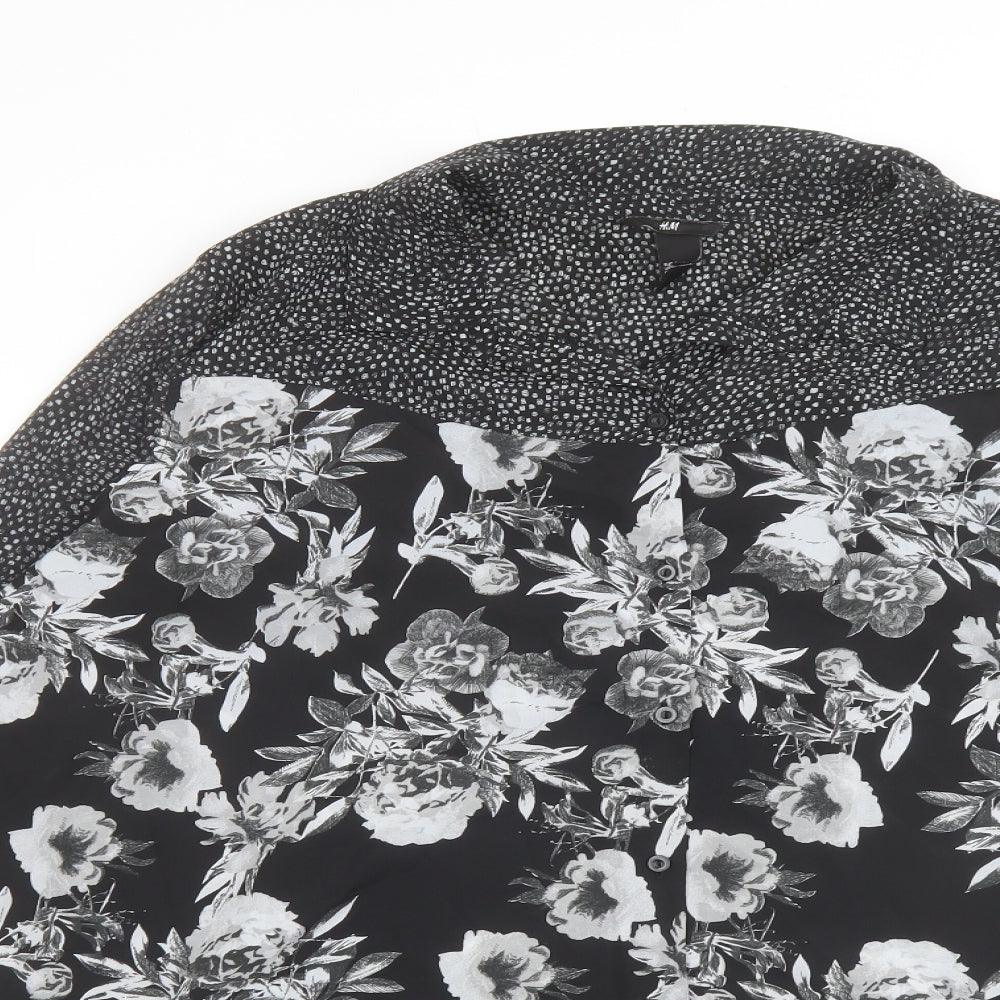 H&M Womens Black Floral Polyester Basic Blouse Size L Collared