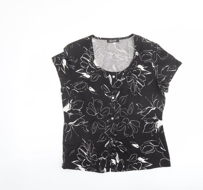 Additional front view of Alexara women’s black floral linen basic t-shirt, size L, round neck