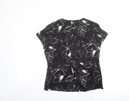Back view of Alexara women’s black floral linen basic t-shirt, size L, round neck