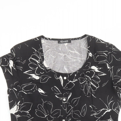 Close-up detail of Alexara women’s black floral linen basic t-shirt, size L, round neck