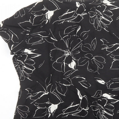 Brand and care label for Alexara women’s black floral linen basic t-shirt, size L, round neck