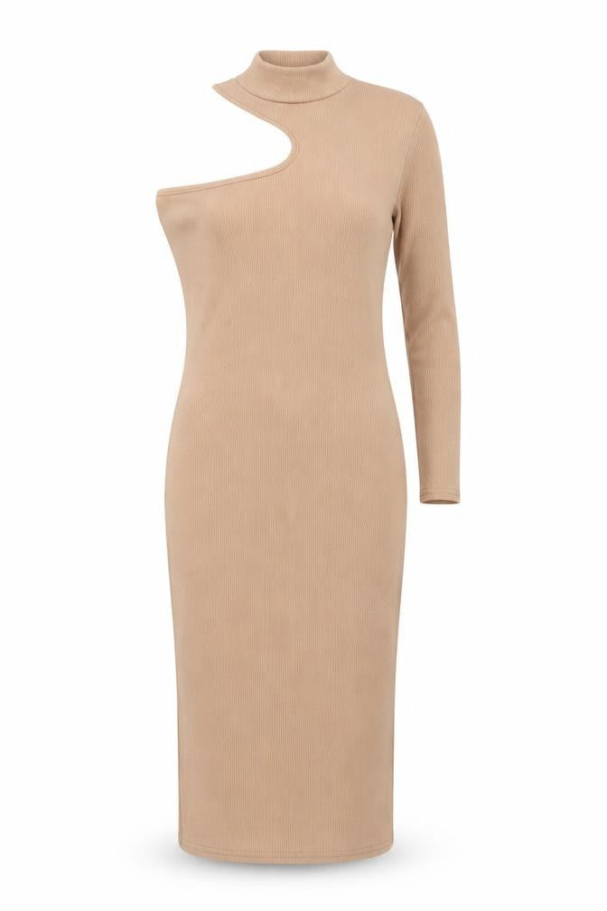 New Look Womens Beige Polyester Bodycon Size 6 One Shoulder Pullover