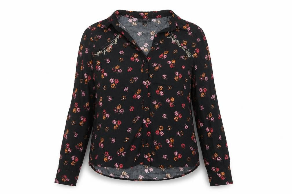 Topshop Womens Black Floral Viscose Basic Button-Up Size 10 Collared
