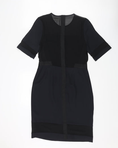 Back view of ASOS women’s blue polyester a-line, size UK 10, round neck zip