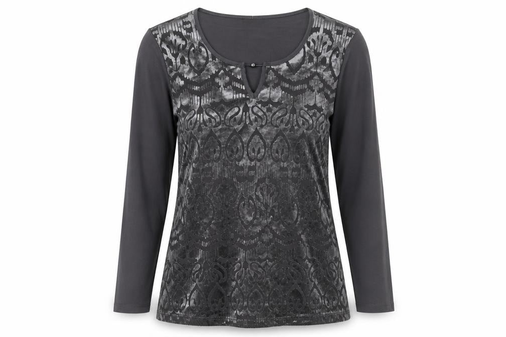 Barbara Lebek Womens Grey Geometric Viscose Basic T-Shirt Size 12 Round Neck