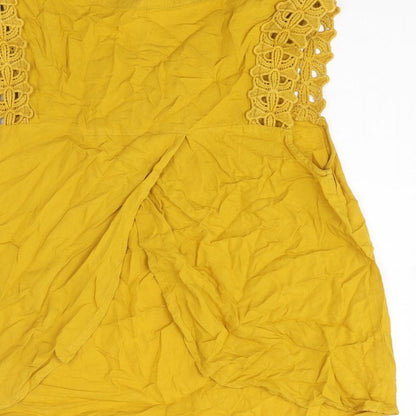 Brand and care label for Only women’s yellow viscose basic tank, size UK 10, round neck