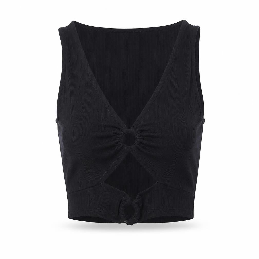 Stradivarius Womens Black Polyester Basic Tank Size S V-Neck