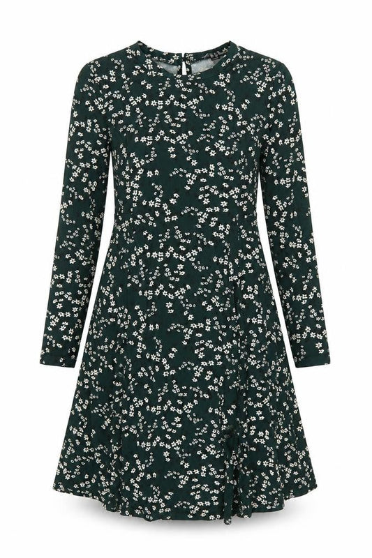 New Look Womens Green Floral Polyester Trapeze & Swing Size 8 Round Neck Button