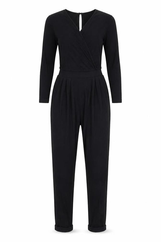 Front view of ASOS women’s black viscose jumpsuit one-piece, size UK 6, 23-inch leg button
