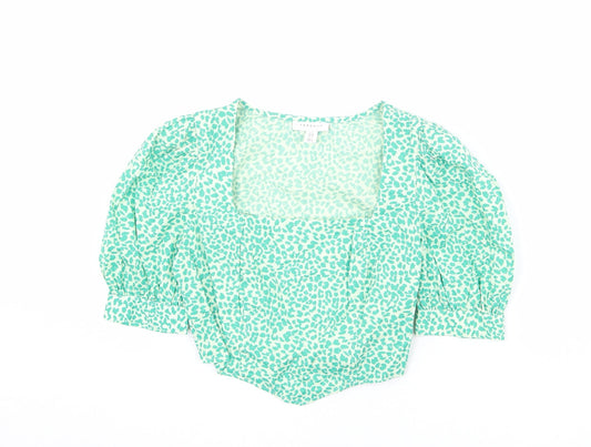 Topshop Womens Green Animal Print 100% Cotton Cropped Blouse Size 8 Square Neck