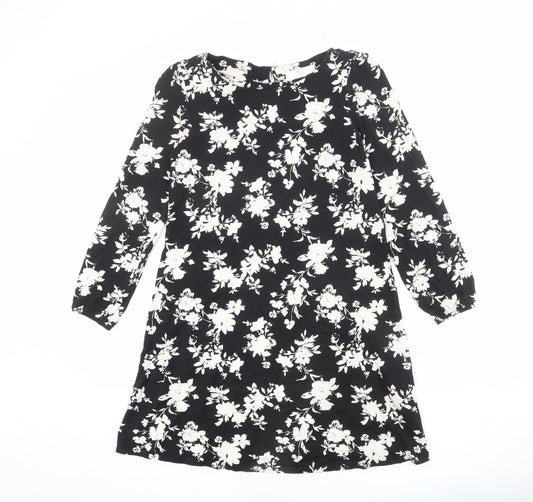 Wallis Womens Black Floral Viscose Mini Size 10 Round Neck Button
